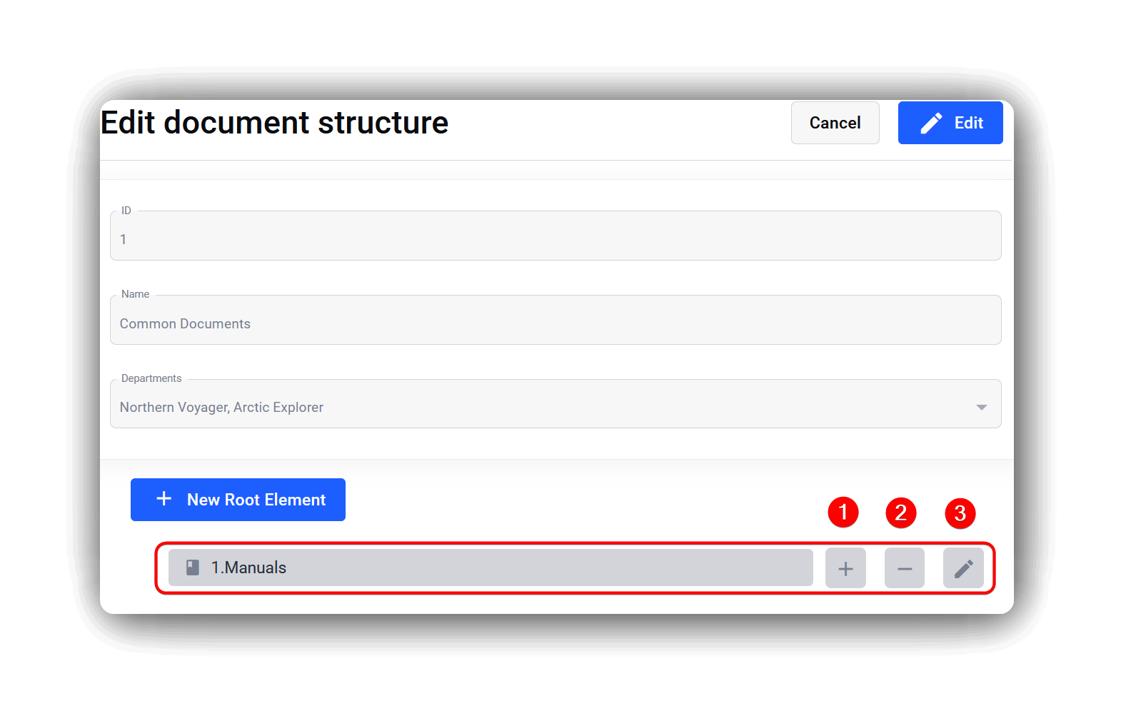 The New Root Element shown below the edit Documents Struture Details.